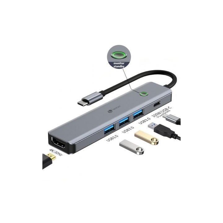 Docking USB Tipo-C Leotec LEDS05/ 3xUSB/ 1xUSB Tipo-C PD/ 1xHDMI 4K/ Gris