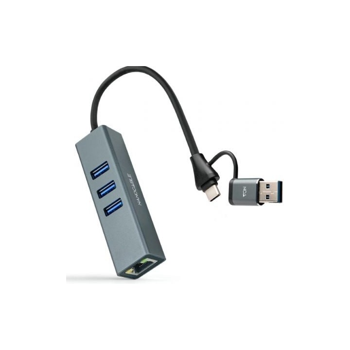 Hub USB + USB Tipo-C 3.0 Nanocable 10.03.0412/ 3xUSB/ 1xRJ45/ Gris