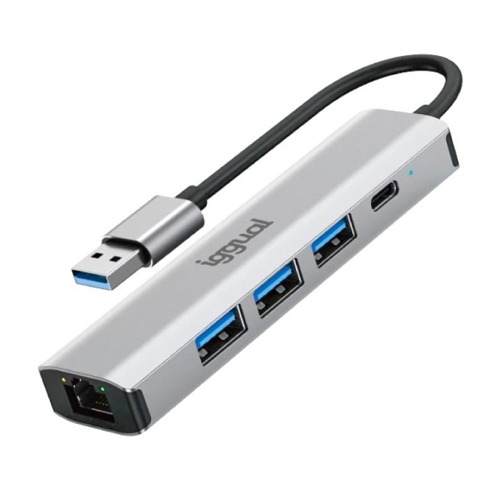 iggual Hub USB-A 5 puertos 3xUSB + RJ45 + tipo C