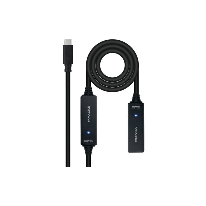 Cable Alargador USB Tipo-C 3.2 con Amplificador Nanocable 10.01.1312/ USB Tipo-C Macho - USB Tipo-C Hembra/ 10m/ Negro